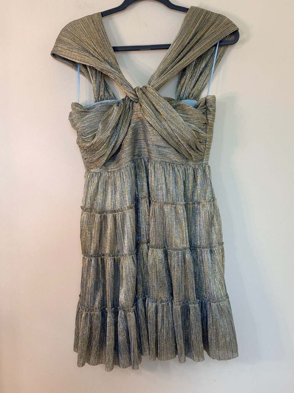 Layered With Love Gold Metallic Plisse Tiered Mini Dress